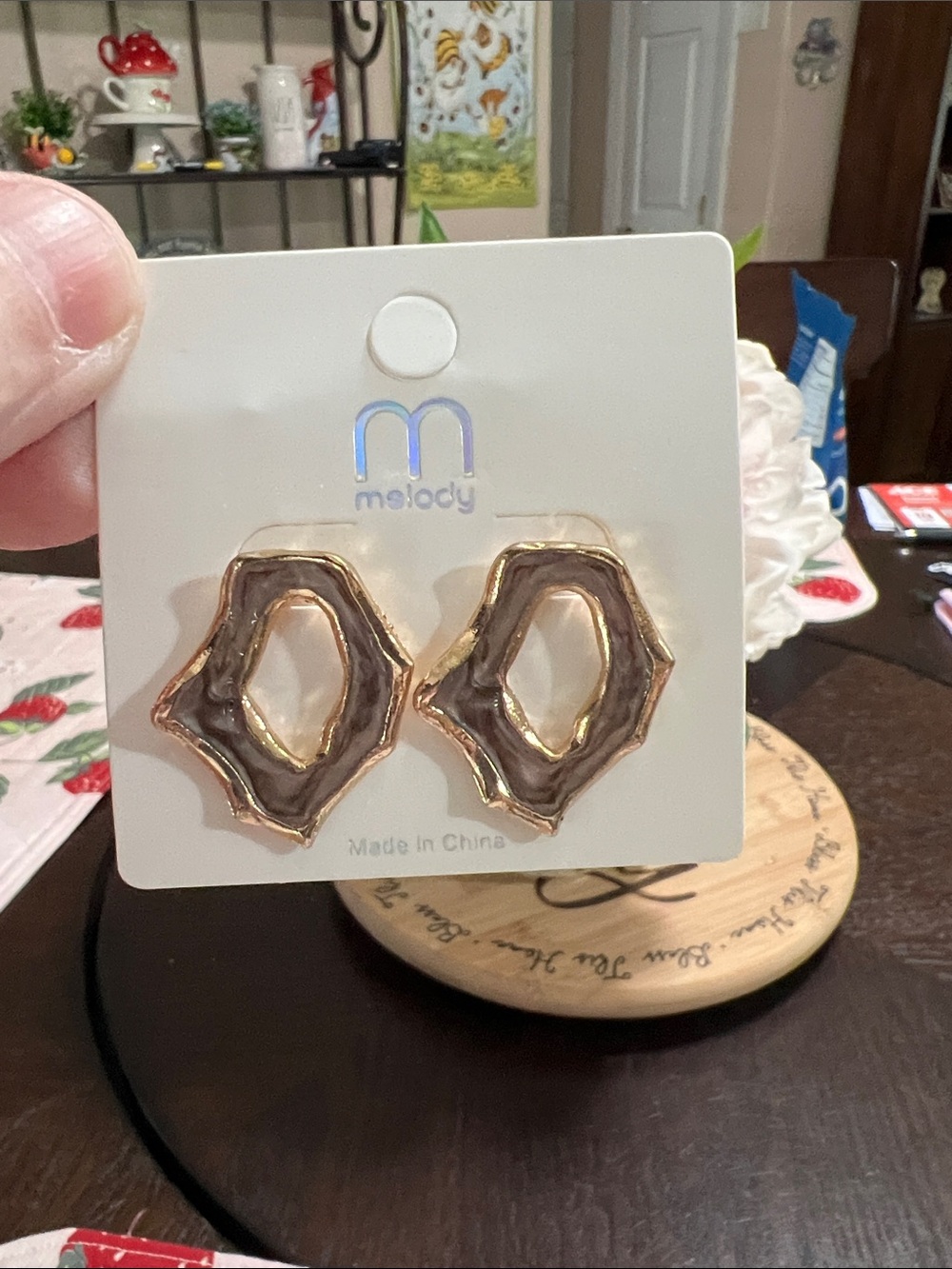 New Melody Gold-Trim Brown Resin Geometric Earrings